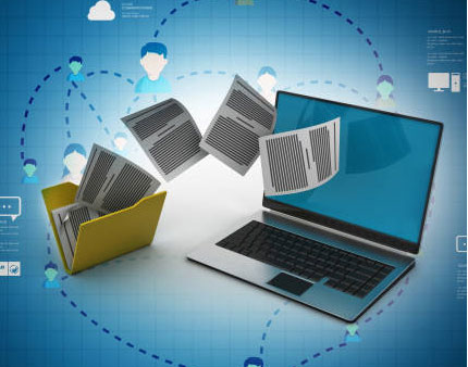 stock illustration of files coming out of a folder going into a laptop